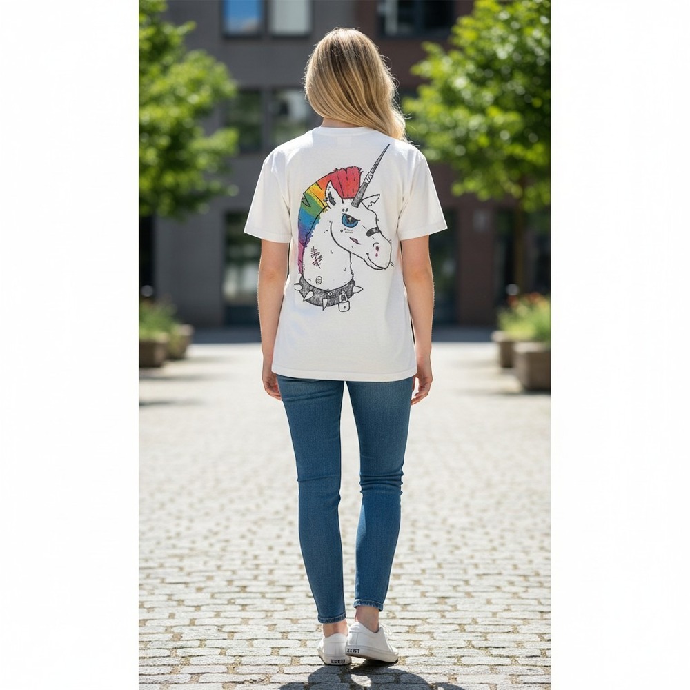 Friendly Unicorn Punk Rock Rainbow Mohawk Graphic T-Shirt White Mens Medium
